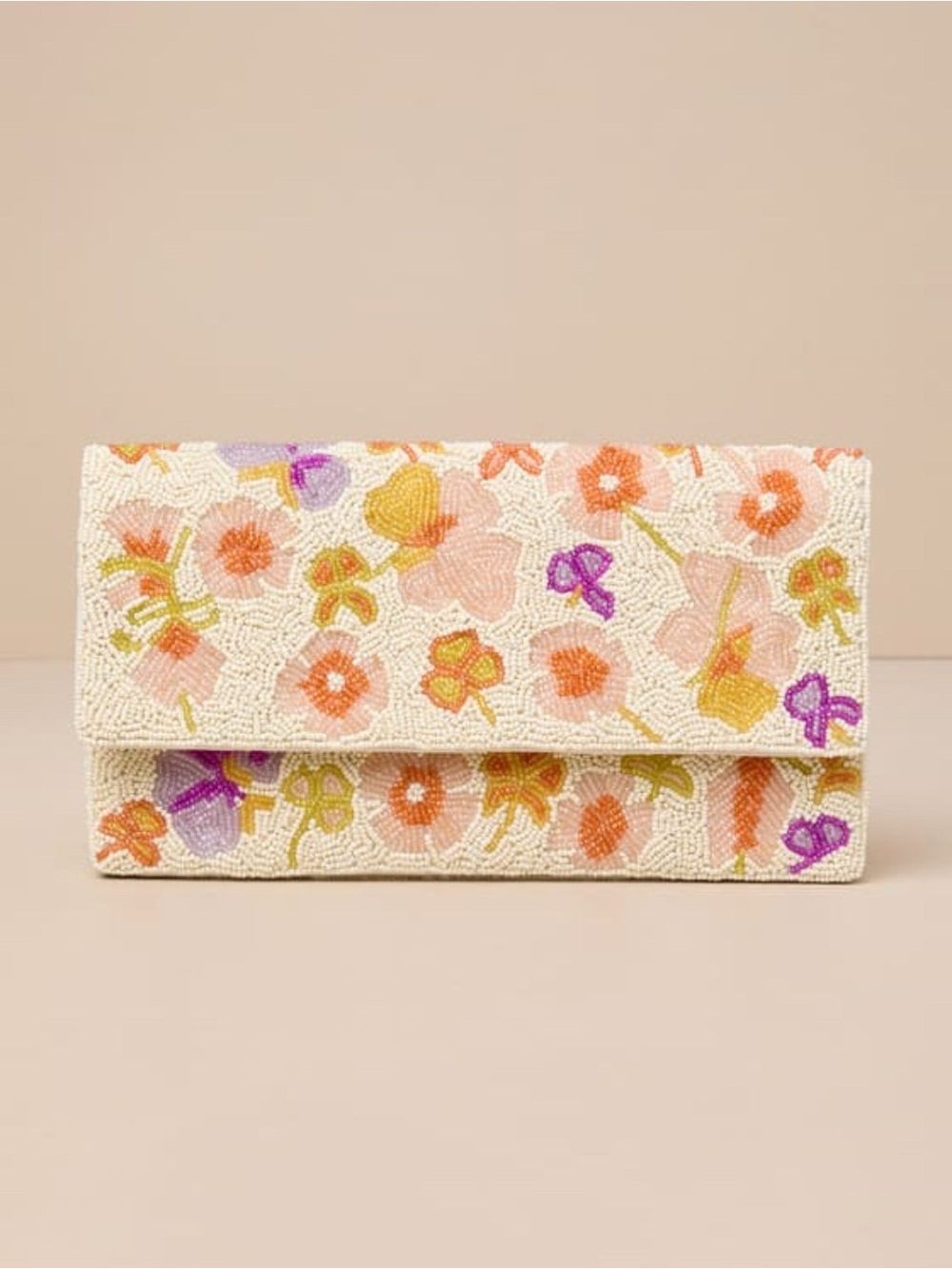 Lulu's Beaded Floral Envelope Clutch - Ivory with Peach, Yellow & Purple Accents